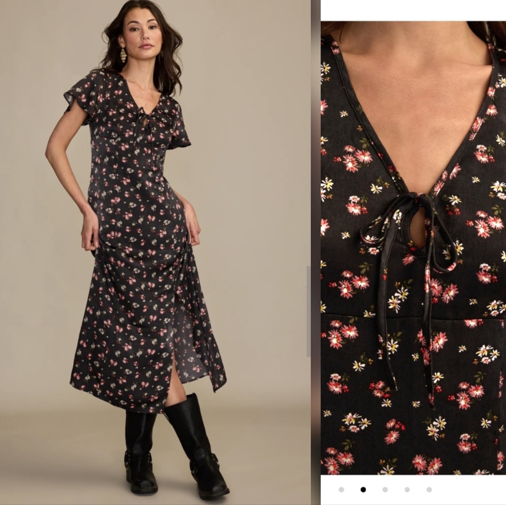 NWT Lucky Brand Black Floral Flutter Sleeve Midi Dress Boho Front Slit Size XS - Picture 1 of 6